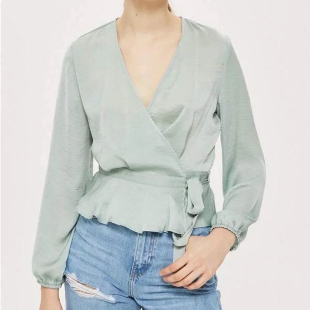 TOPSHOP Silk Wrap Top Mint Green Size 4